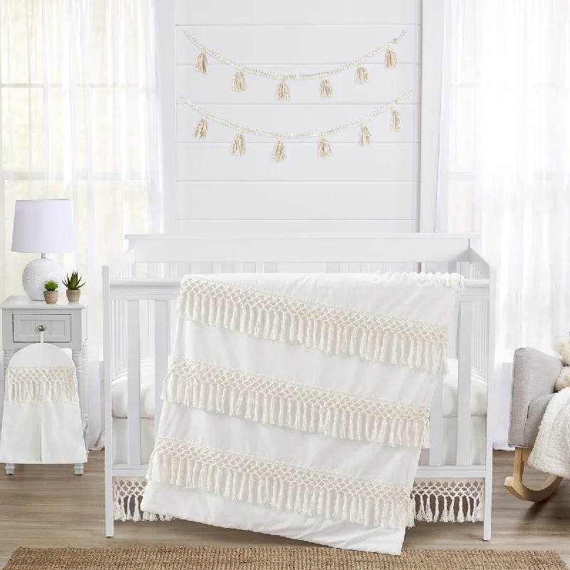 Plush sherpa bed throw-Ivory Gender Neutral Bohemian Boho Crib Bedding Set Solid Color Beige Chic Minimalist Macrame Trim Tassel Fringe Cotton - 4pc