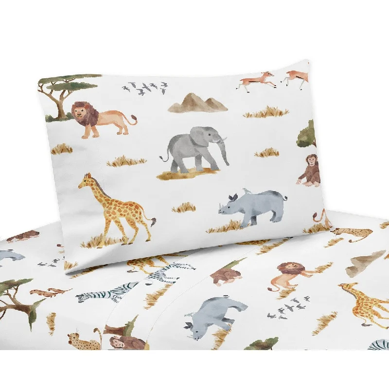 Natural tencel throw-Jungle Animals 3pc Twin Sheet Set Hunter Green Yellow Grey Black and White Safari Animal Elephant Giraffe Lion Monkey Leopard