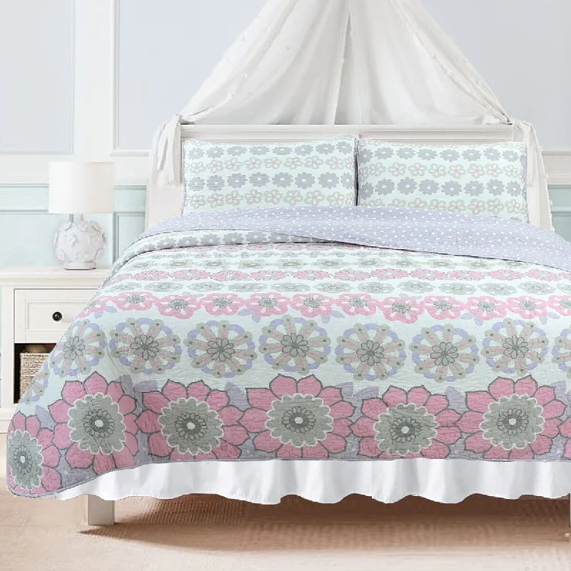 Floral linen duvet cover-Lola Floral Pink Grey Cotton Quilt Bedding Set