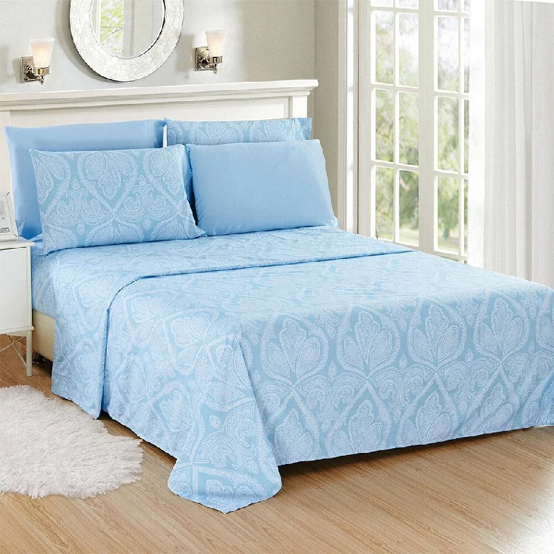 Breathable quilted topper-Luxury 6 Piece Bed Sheet Set 1800 Count Paisley Queen Blue