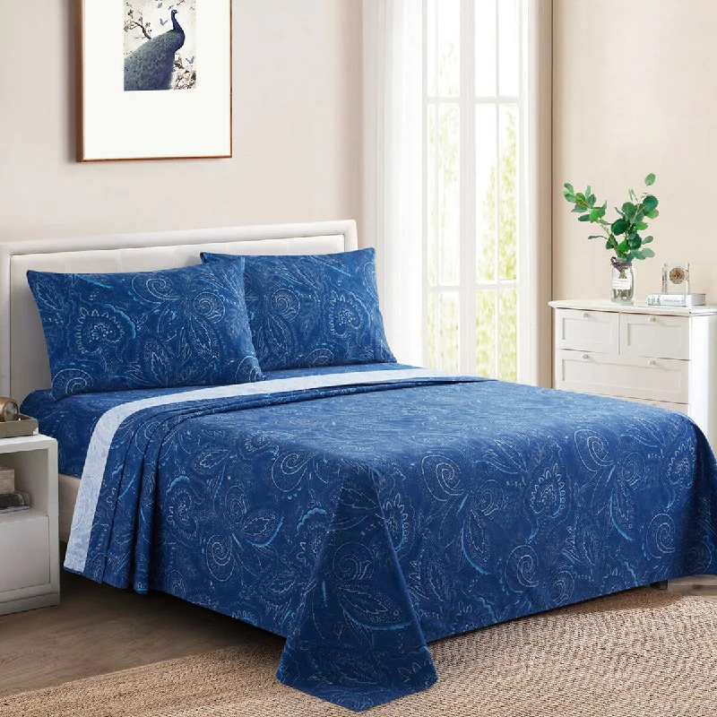 Cooling tencel bed pillow-Marina Decoration Printed 600 Thread Count Soft Deep Pocket Cotton Blend Percale Bedding Sheet Set, Navy Blue Paisley