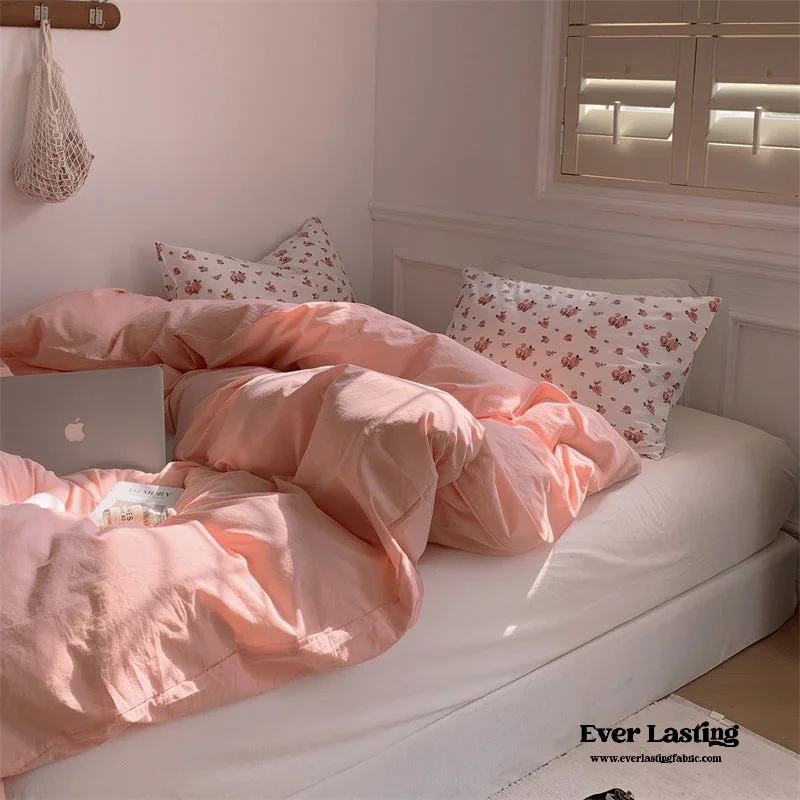 Plush fleece bed throw-Minimal Floral Bedding Set / Pink + White