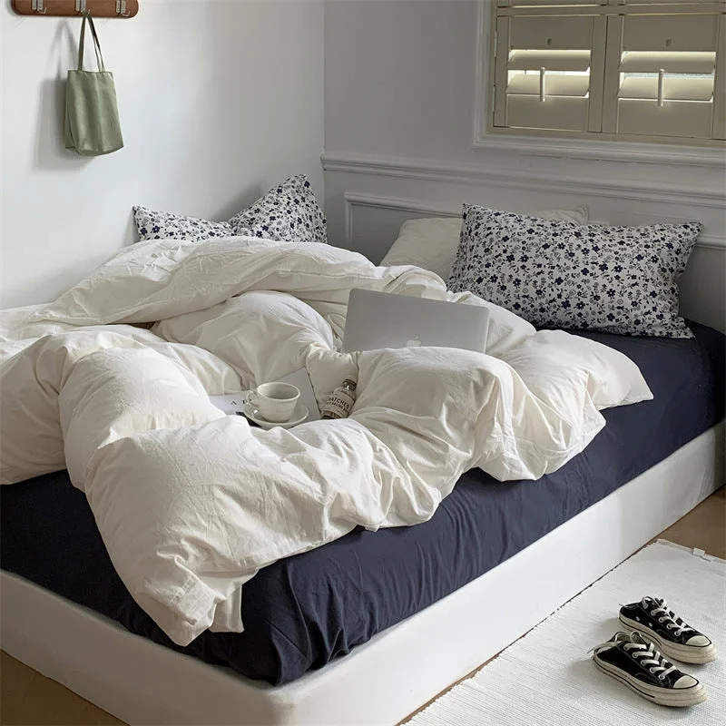 Silky jersey pillowcase-Minimal Floral Bedding Set / White + Dark Blue