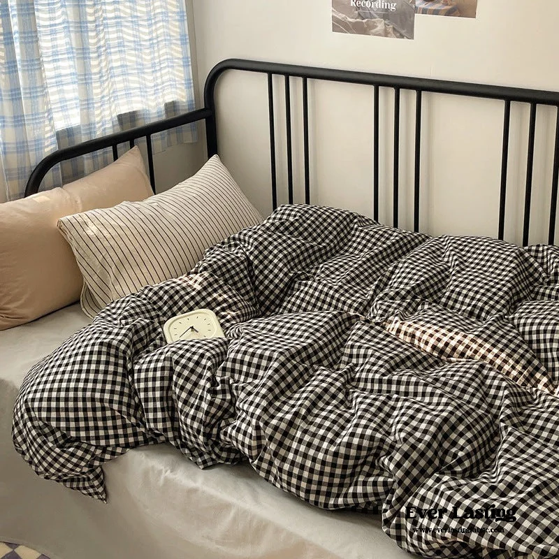 Silky percale bed sheets-Mixed Gingham Striped Bedding Set / Black