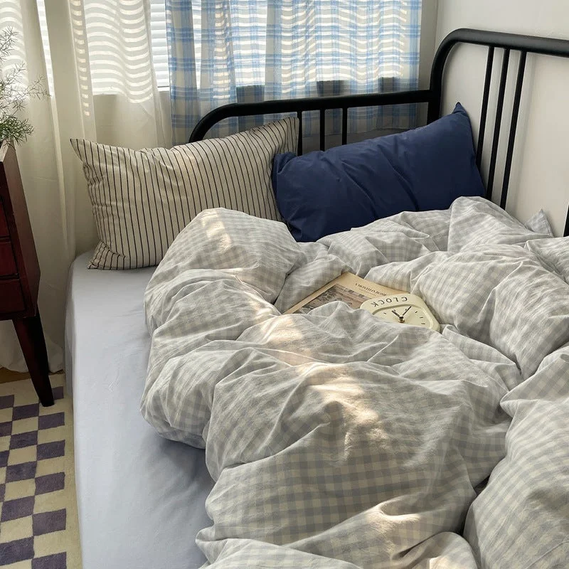 Natural bamboo throw-Mixed Gingham Striped Bedding Set / Blue