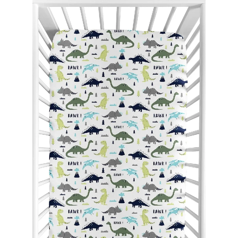 Plush faux fur comforter-Mod Dino Collection Boy Jersey Knit Fitted Crib Sheet - Blue, Green and Grey Modern Dinosaur