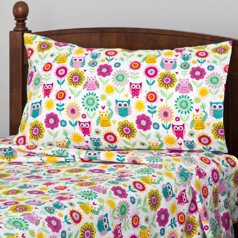 Silky jersey bed throw-Owl and Flower Printed Sheet Set