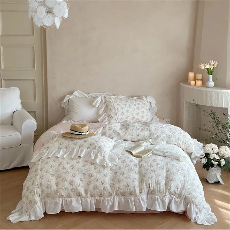 Anti-slip bed mattress-Pastel Pink Floral Double Layer Cotton Ruffle Bedding Set