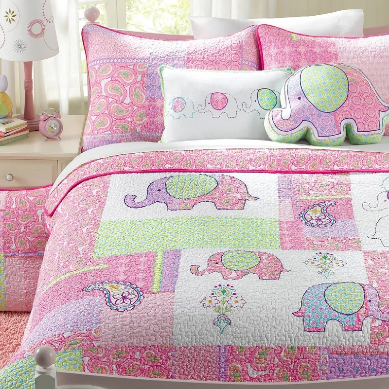 Ergonomic gel bamboo pillow-Pink Elephant Patch Cotton Pink Purple Paisley Quilt Bedding Set