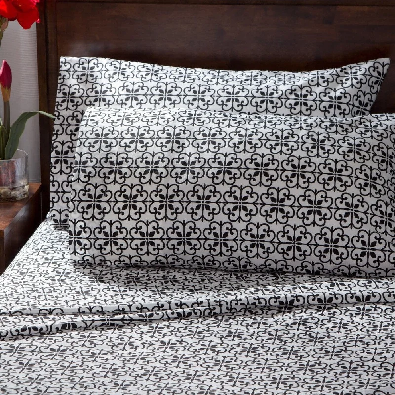 Cozy wool comforter-Porch & Den Quincy Black/White Scroll Percale Cotton Rich Sheet Set