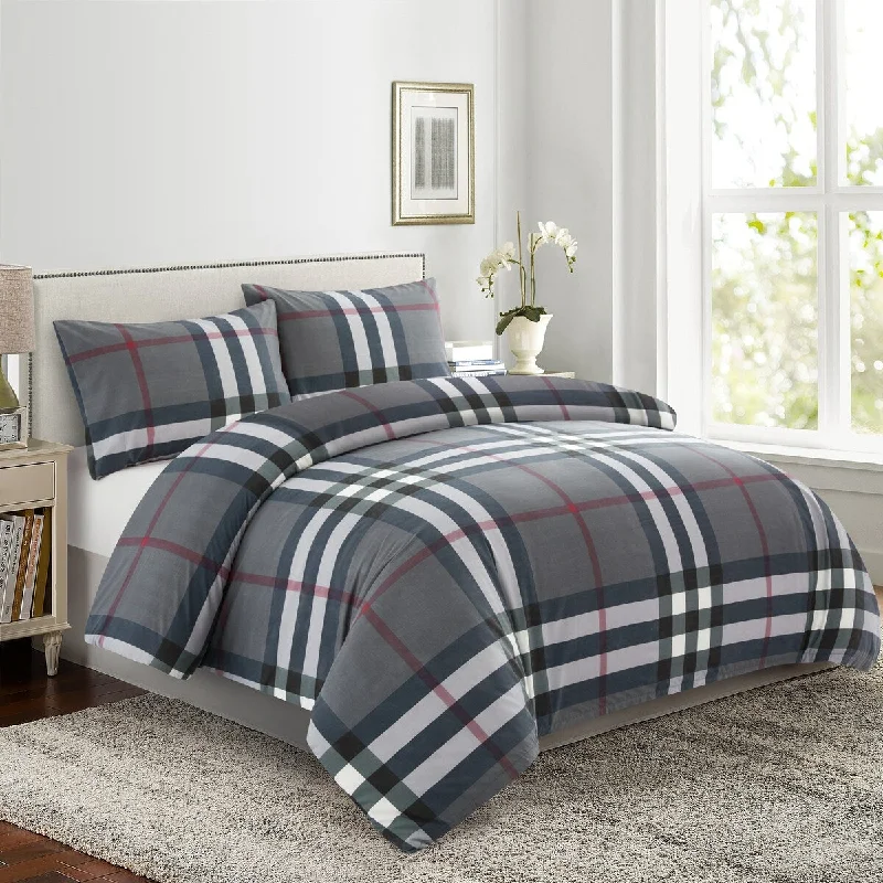 Luxe wool bed throw-Printed Rayon from Bamboo Duvet Cover Fitted Sheet Ensemble Bedding Set with Zipper and Corner Tie, Modern Grey Tartan