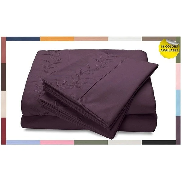 Plush sherpa quilt-Reversifi Embroidered Bed Sheets Set Soft Brushed Microfiber Full, Hortensia/ Purple