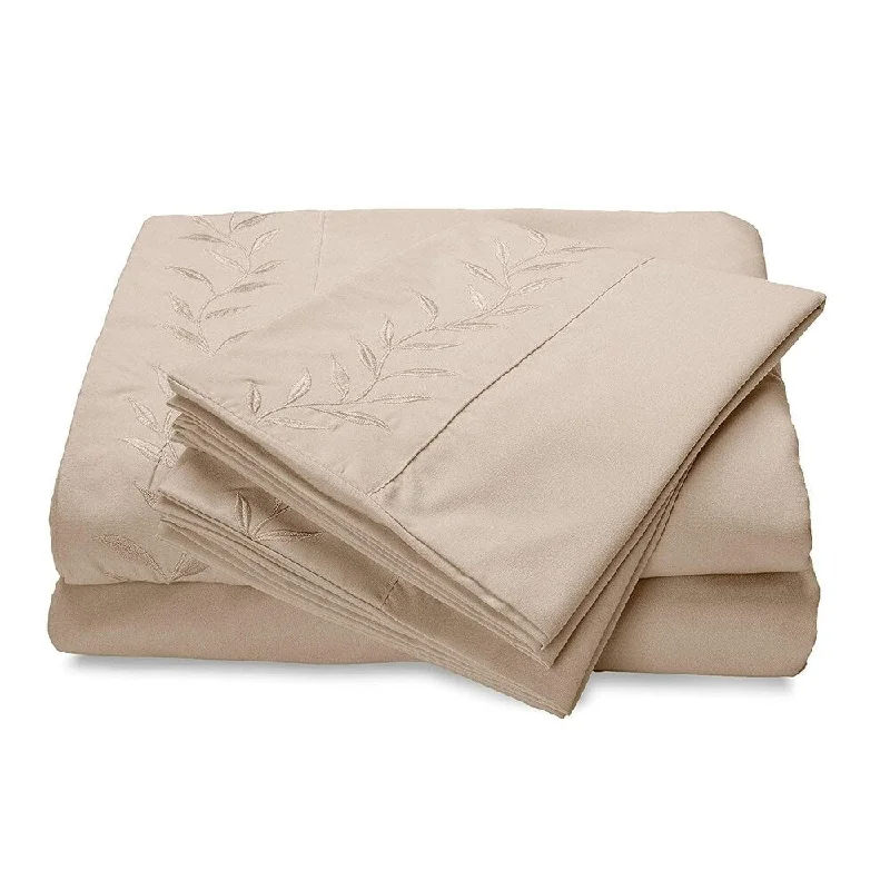 Plush velour bed throw-Reversifi Embroidered Bed Sheets Set Soft Brushed Microfiber King, Tapioca/Ivory