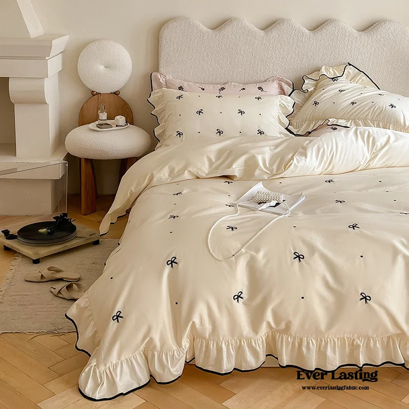 Non-slip quilted topper-Silky Ribbon Ruffle Bedding Set / Cream White