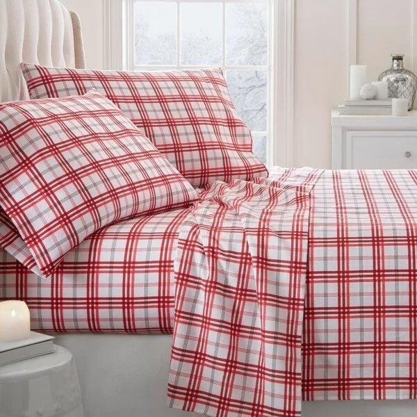 Luxe chenille bed blanket-Soft Essentials Premium Christmas Plaid 4 Piece Flannel Bed Sheet Set