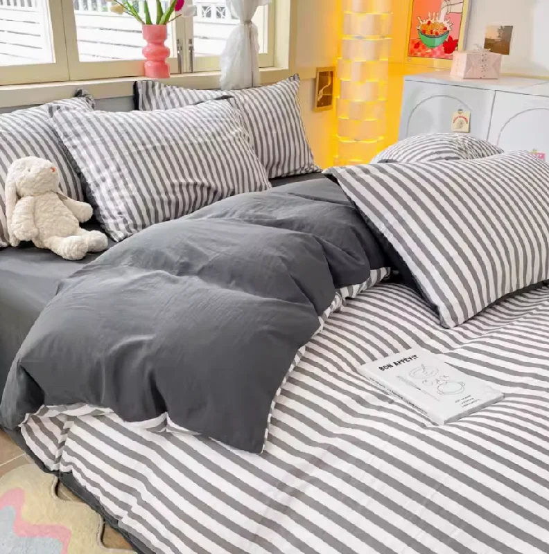 Soft tencel pillowcase-Striped Bedding Set / Gray