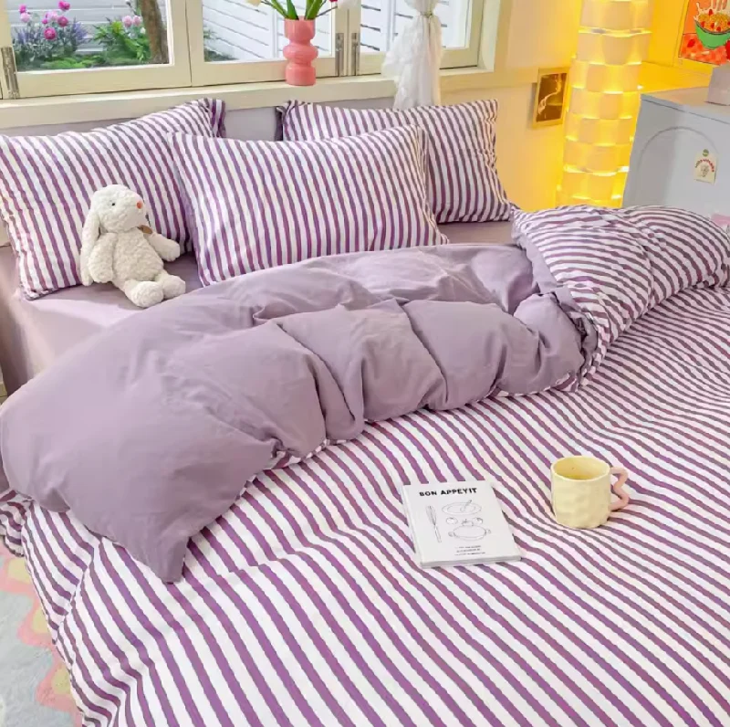 Cooling cotton sheet set-Striped Bedding Set / Purple