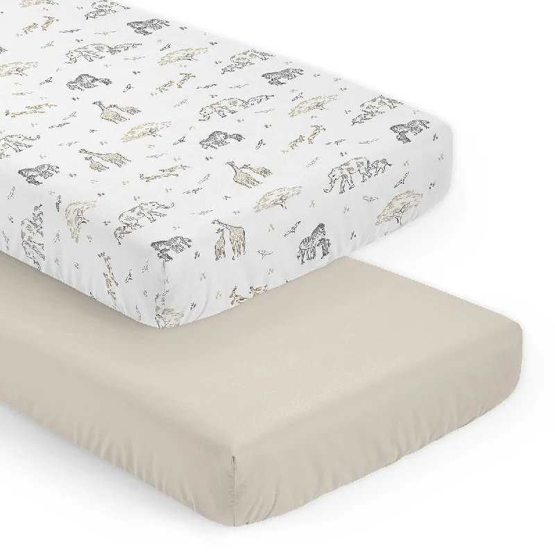 Anti-allergy bed topper-Sweet Jojo Designs Jungle Safari Animals Boy Girl Gender Neutral Unisex 2 Pack Fitted Crib Sheets Taupe Animal Elephant Wildlife