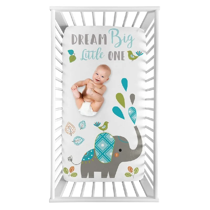 Cozy knit throw blanket-Sweet Jojo Designs Mod Elephant Collection Boy Girl Photo Op Fitted Crib Sheet - Turquoise Blue Green Grey Dream Big Little One