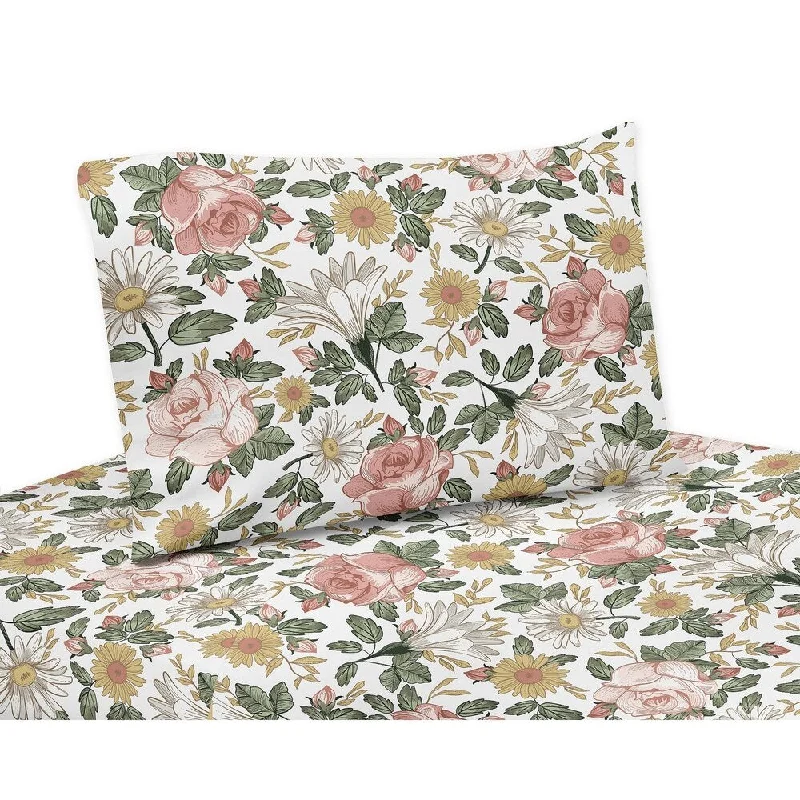 Plush wool bed blanket-Sweet Jojo Designs Vintage Floral Boho Collection 3pc Twin Sheet Set Blush Pink Yellow Green White Shabby Chic Flower Farmhouse