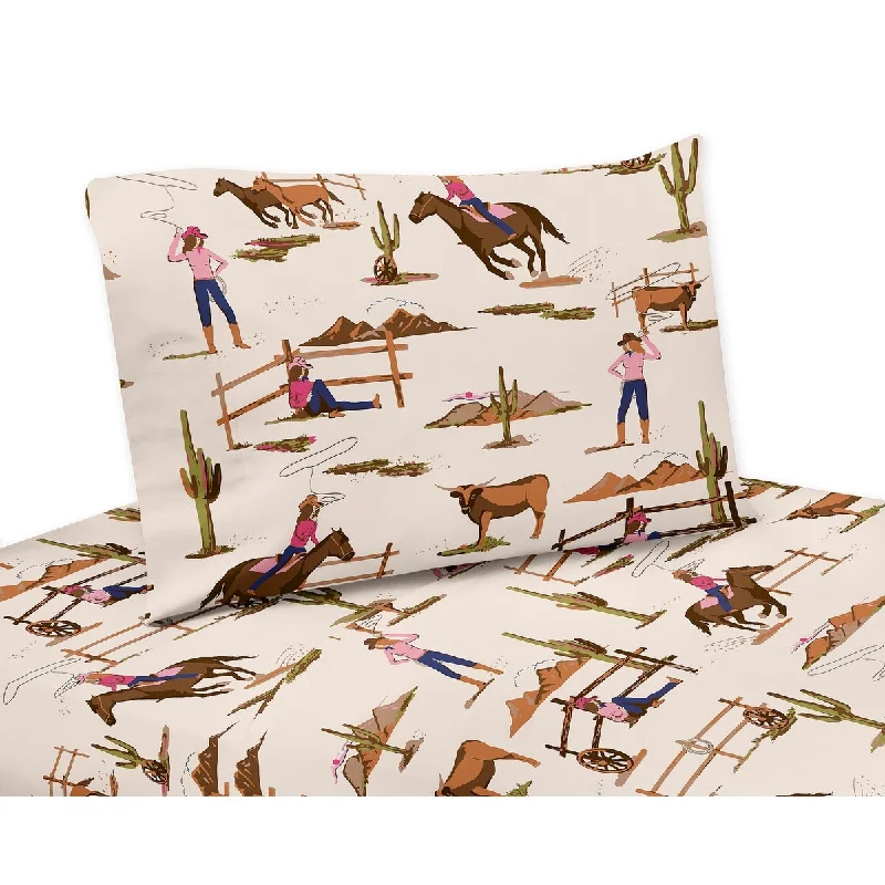 Modern swirl duvet cover-Sweet Jojo Designs Western Cowgirl Girl 3p Twin Sheet Set Wild West Vintage Country Animal Horse Southwest Beige Brown Pink Blue