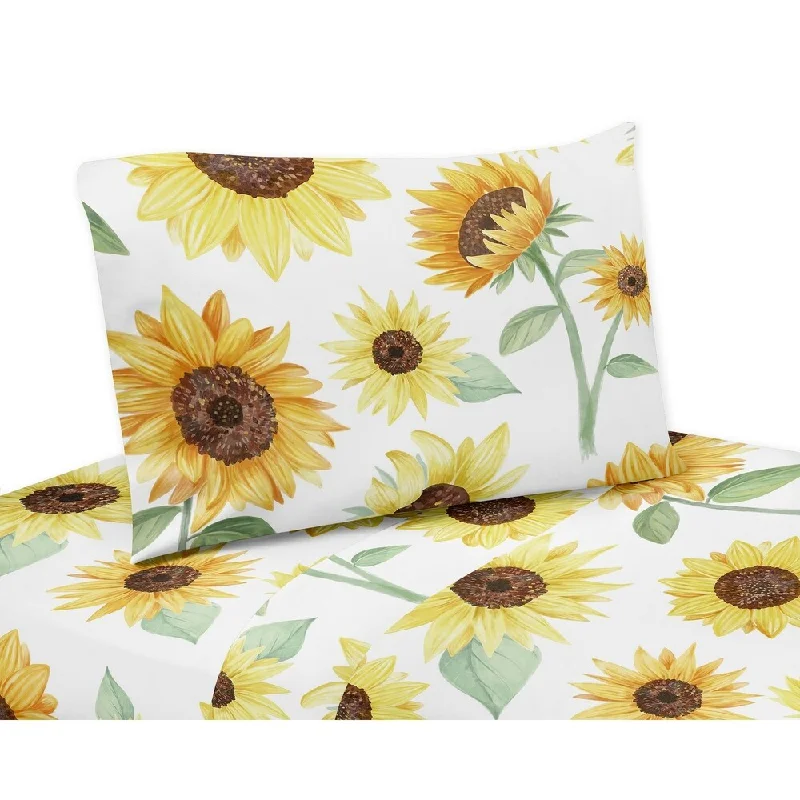 Lightweight linen throw-Sweet Jojo Designs Yellow Green and White Boho Floral Sunflower Collection 4-piece Queen Sheet Set - Farmhouse Watercolor Flower