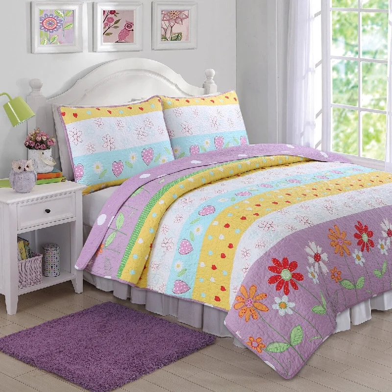 Breathable sateen sheets-Taylor & Olive Purple/ White Floral Heart Reversible Quilt Bedding Set