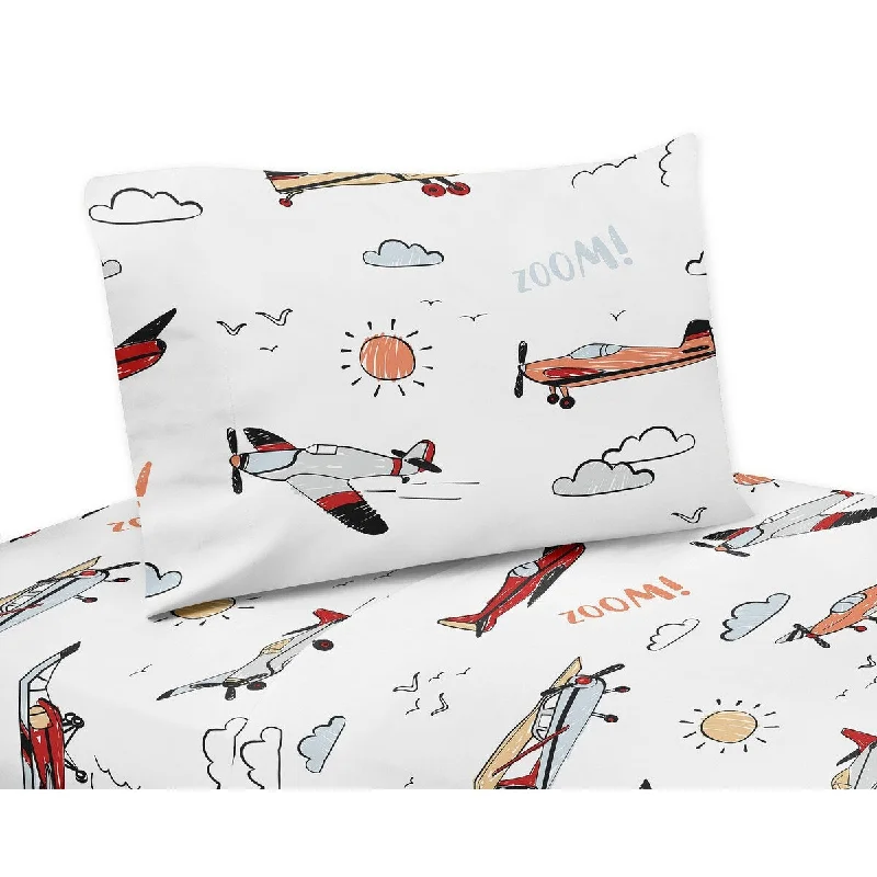 Modern dotted duvet cover-Vintage Airplane 3pc Twin Sheet Set - Grey Yellow Orange Red White and Blue Airplanes Air Plane Transportation Clouds Sun Sky