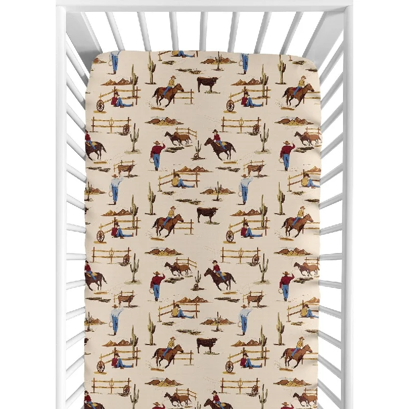 Non-slip bed cover-Wild West Collection Boy Jersey Knit Fitted Crib Sheet - Red, Blue, Tan Western Cowboy Southern Country Horse