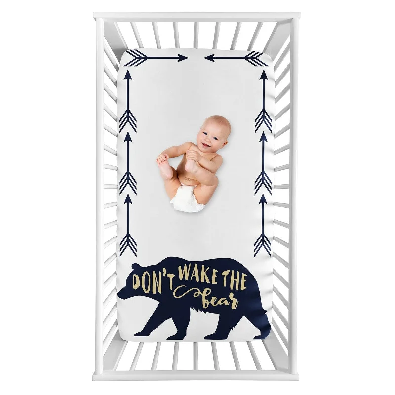 Cooling percale pillowcase-Woodland Forest Big Bear Collection Boy Photo Op Fitted Crib Sheet - Navy Blue and Gold Arrow