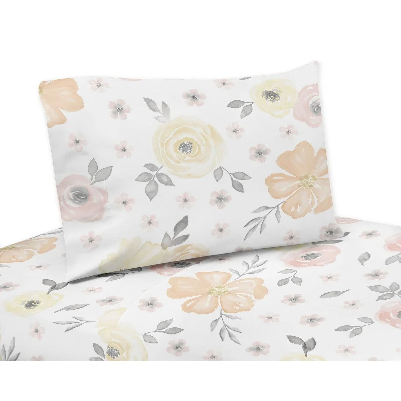 Natural bamboo throw-Yellow and Pink Watercolor Floral Collection 4-piece Queen Sheet Set - Blush Peach Grey White Shabby Chic Rose Flower Farmhouse