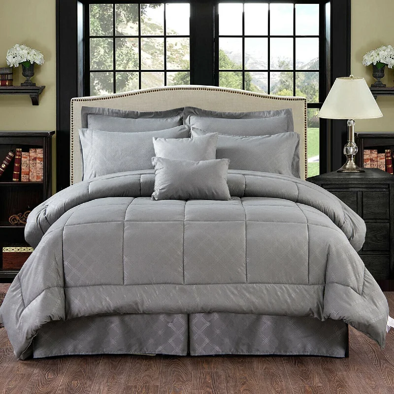 All-season microfiber bedspread-10 Piece Bed In A Bag Comforter Set Plaid Embossed Queen Gray