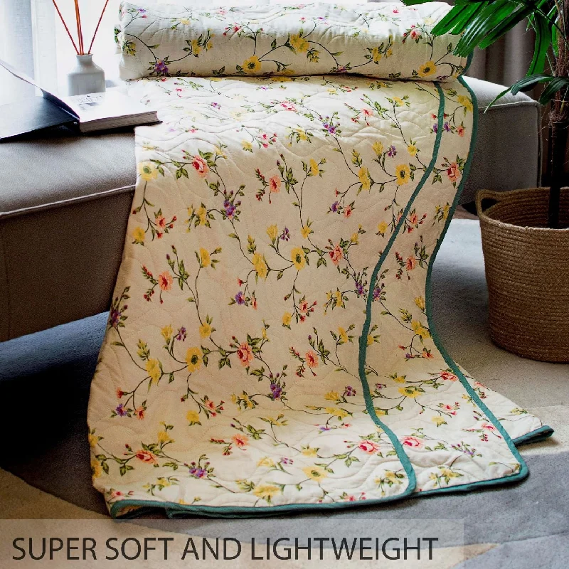 Crisp sateen pillowcase-100% Malmal Cotton Blanket, Dohar, Quilt for AC and Light Winters - Yellow Floral 7