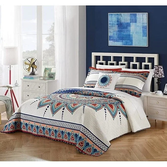 Cozy wool comforter-4 Piece Cotton Blue White Boho Geometric Reversible Quilt Set