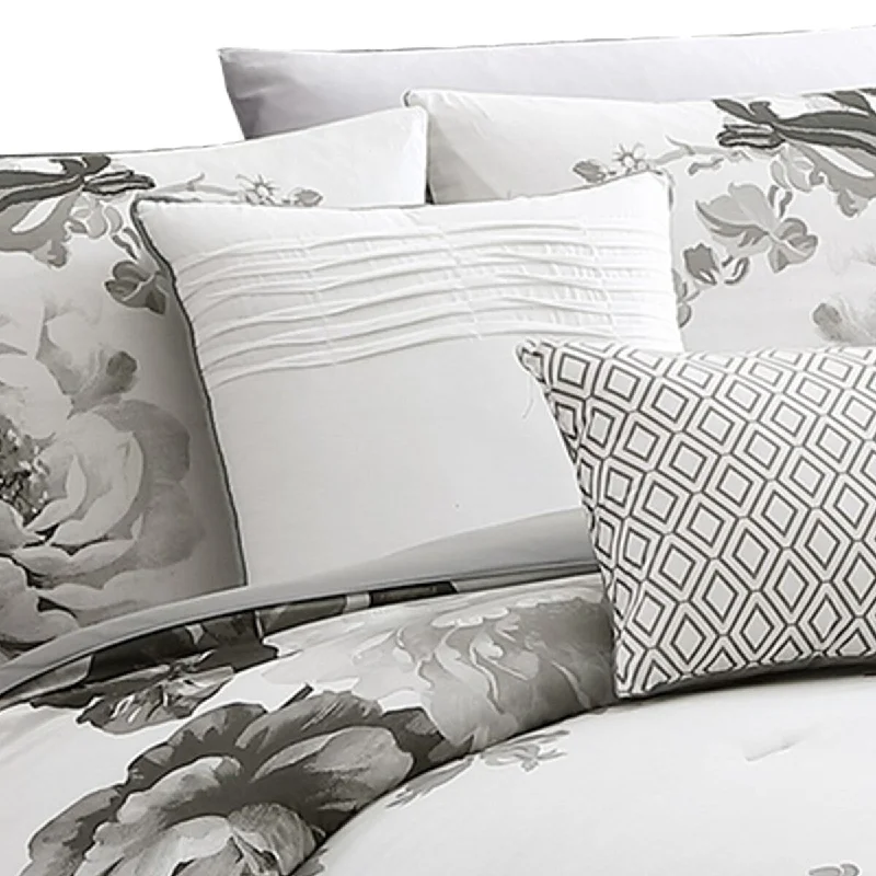 Cooling bamboo bed sheets-7 Piece Cotton King Comforter Set with Floral Print, Grey and White