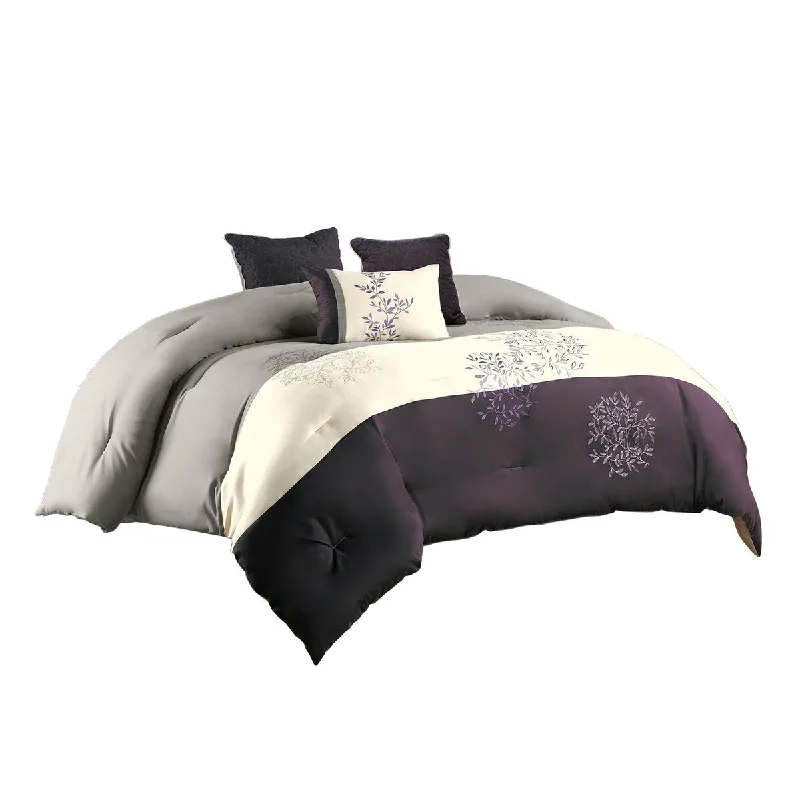 Vintage dotted comforter-7 Piece King Polyester Comforter Set with Leaf Embroidery, Grey and Purple