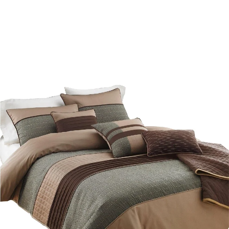 Ergonomic memory pillow-7 Piece King Polyester Comforter Set with Pleats and Texture, Grey and Brown