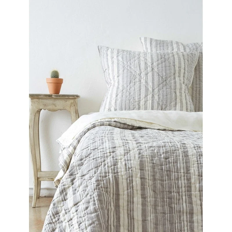 Soft sateen sheet set-Allen Cotton/Linen Grey Striped Quilt Set