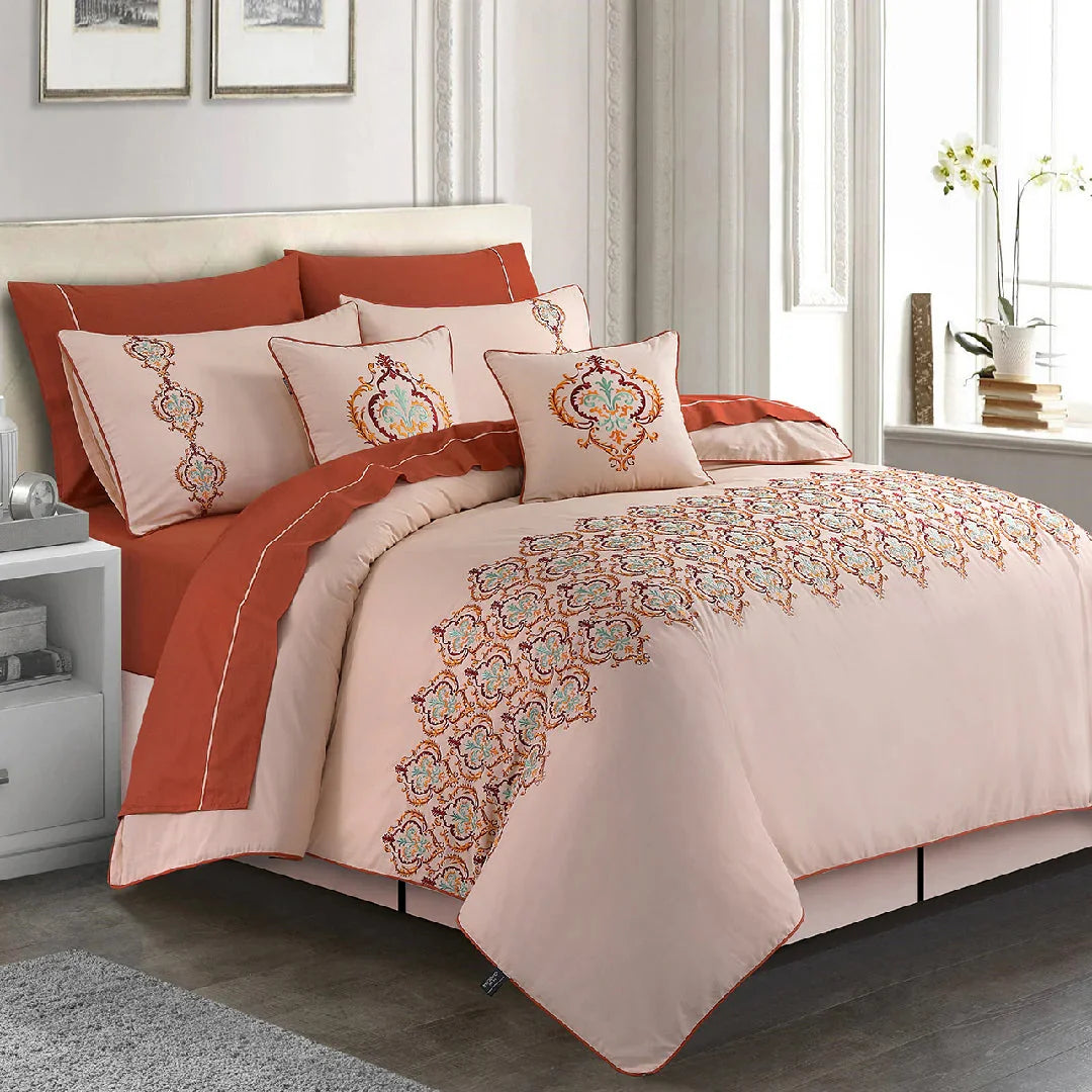 Floral linen throw-Apricot Embroidered Quilt Cover Set