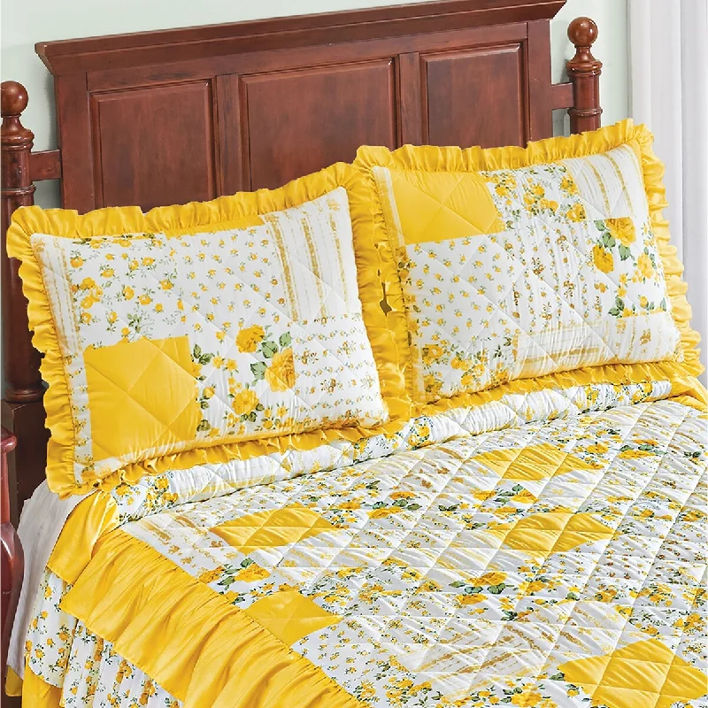 Breathable jersey bed sheets-Beautiful Floral Patchwork Ruffled Quilt Top Pillow Sham