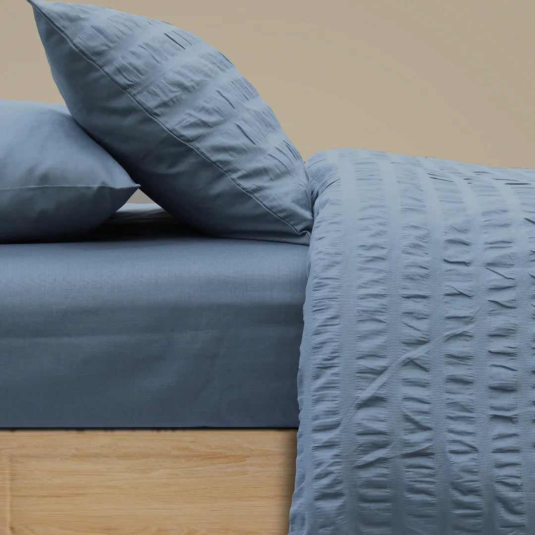 Organic tencel bedspread-Stone Blue Luxe Seersucker Quilt Cover Set