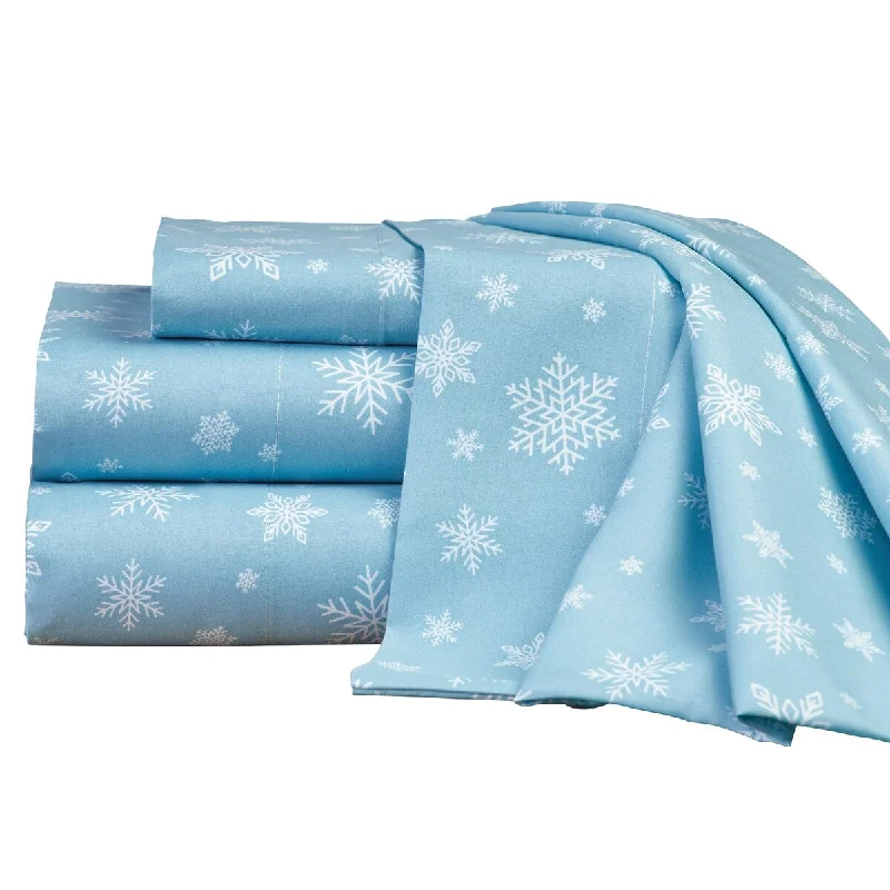 All-season cotton bedspread-Blue Winter Snowflake Bed Sheet and Pillowcase Set