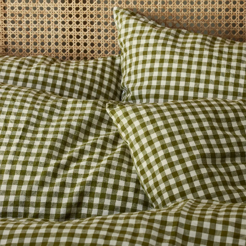 Vintage dotted quilt-Botanical Green Gingham Linen Blend Pillowcase (Pair)