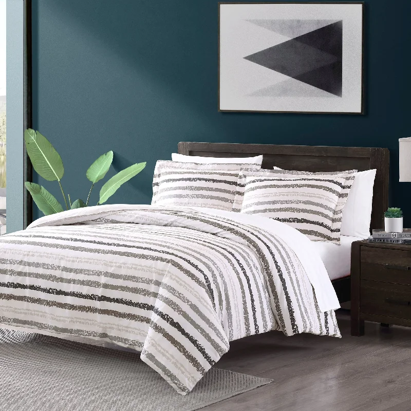 Brushed jersey bed sheets-Brielle Home Porter Grey Striped Cotton Comforter Set