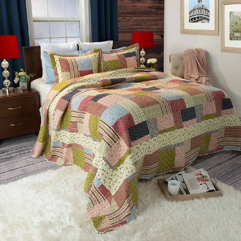 Breathable tencel pillowcase-Colorful Patchwork Quilted Blanket Sham Farmhouse Country King