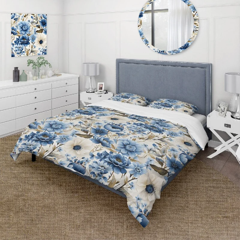 Cooling percale pillowcase-Designart "Blue Boho Chic Floral Pattern I" White Cottage Bed Cover Set With 2 Shams