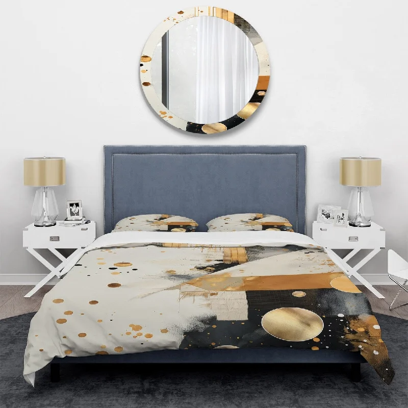 Modern dotted duvet cover-Designart "Grey and Gold Sunset Collage I" Abstract Collages Bedding Cover Set - Traditional Bed Set with Shams