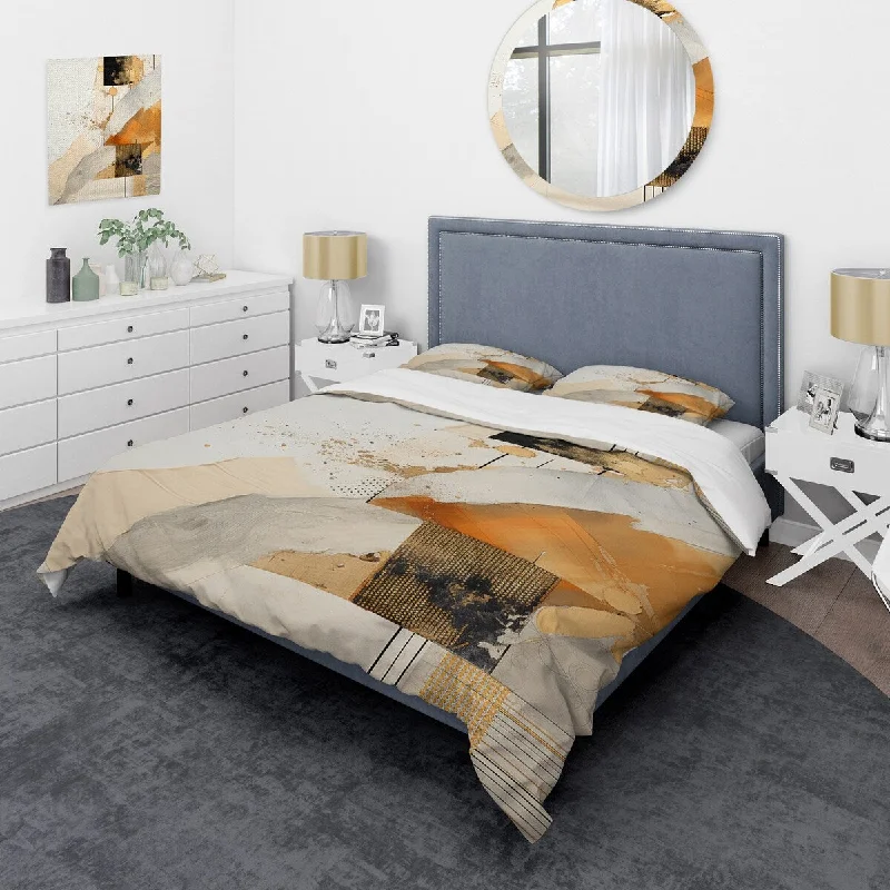 Natural cotton bedspread-Designart "Grey and Gold Sunset Collage IV" Abstract Collages Bedding Cover Set - Traditional Bed Set with Shams