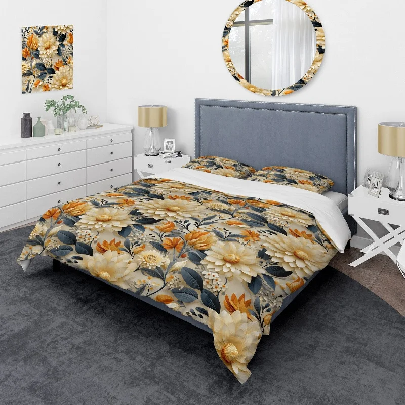 Modern swirl comforter-Designart "Mosaic Beige And Blue Botanicals I" Orange Cottage Bed Cover Set With 2 Shams