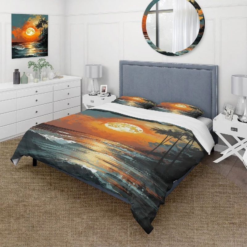 Heavy linen quilt-Designart "Sunset Strip at coastal paradise I" Coastal Minimalism Bedding Cover Set - Traditional Bed Set with Shams